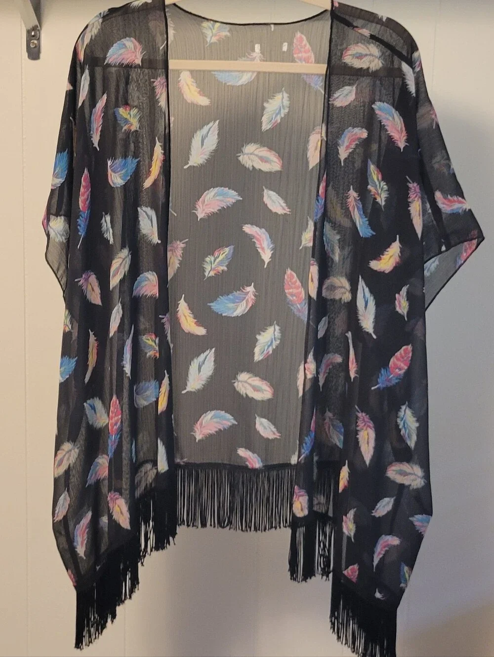 Vintage Black Semi Sheer Feather Pattern Kimono Shawl Fringe Duster Wrap . M